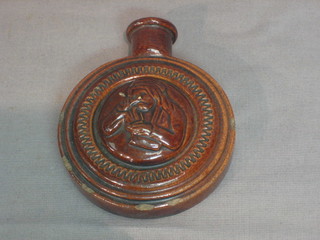 A brown salt glazed pottery flask decorated The Snuff Taker 3 1/2"