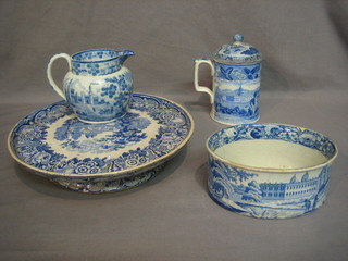 A blue and white comport decorated Greenwich 11", a do. oval bowl 6" (riveted), a blue and white mug with associated lid 5" and a blue and white jug 4"