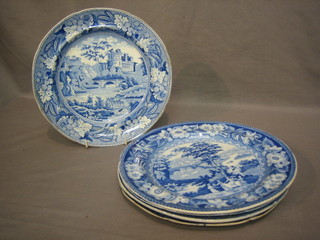 A Rogers blue & white plate decorated Oriental scene with figure riding a Zebra 10", a semi-china blue & white plate decorated a ruined country house (cracked), a semi-china plate decorated a landscape scene & 1 other decorated Shepherd and Shepherdess & a Willow pattern plate