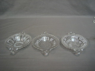 A pressed glass twin handled bowl to commemorate the Silver Wedding of the Prince of Wales 1888, 1 other marked Good Luck and 1 other marked The  Compliments of the Season (3) 5"