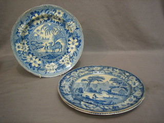 A 19th Century blue and white transfer elephant decorated plate, 1 other a camel (cracked) and 1 other landscape (cracked) 10"