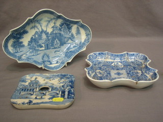 A square blue and white dish strainer decorated a country house 5" and 2 blue and white shaped bowls 11" and 8"
