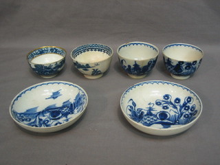 2 blue and white tea saucers and 4 blue and white tea bowls (some f)