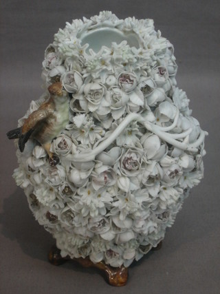 A Victorian floral encrusted vase decorated birds 6"