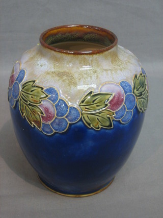 A Royal Doulton blue glazed vase with grape decoration, base marked Royal Doulton and incised HA, 6"