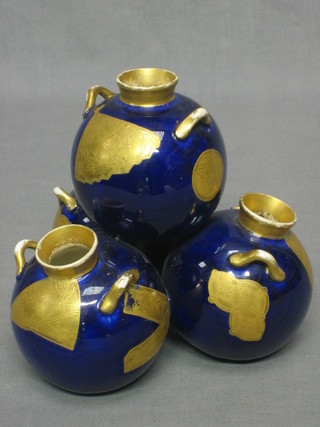 A Worcester blue and gilt porcelain vase in the form of 3 stacked twin handled urns 6" (slight chip to rim)