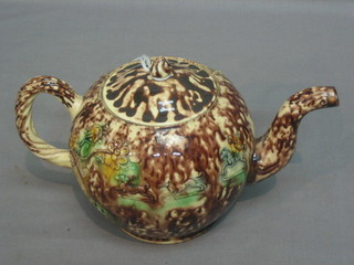 An 18th Century Whieldon  teapot decorated hunting scene (lid f and r) 6"