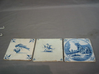A blue and white Delft tile decorated a couple and 2 others decorated birds (1 cracked) 5"