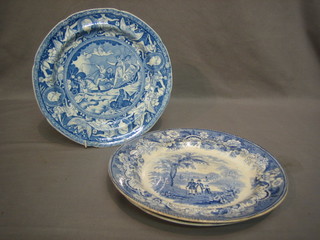 A blue and white plated decorated Neptune, 1 other decorated a lion by pyramids and 1 other the reverse marked Eton College GP 9 1/2"