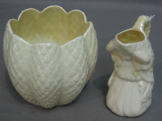 A pierced Beleek jug in the form of a girl, the base with green Beleek mark 4" and a similar vase 4"
