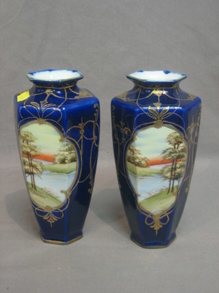 A pair of Kinjo Japanese octagonal porcelain vases decorated landscape 8"