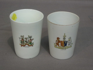 A porcelain beaker decorated The Arms of Chester with lithophane panel to the bottom with portrait of Queen Alexandra, 1 other The Arms of Liverpool to commemorate the 700th Anniversary of the Corporation of the City of Liverpool 1907 the base with lithophane panel of the Lord Mayor