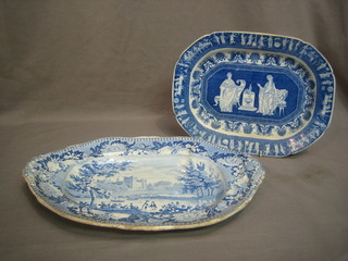 A Staffordshire blue and white  meat plate decorated Lumley Castle Durham 16" (cracked) and a blue lozenge shaped meat plate with a coastal scene 12" (cracked)