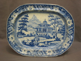 A blue and white meat plate decorated a temple scene 17"