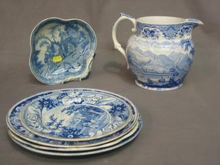 A 19th Century blue and white jug (crack to base) and a good collection of various blue and white plates