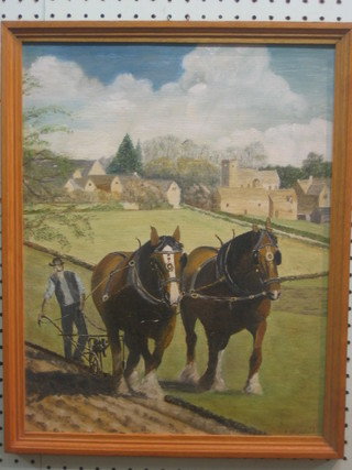 F Blundell, oil on board "Ploughing Scene with Horses" 17" x 13"