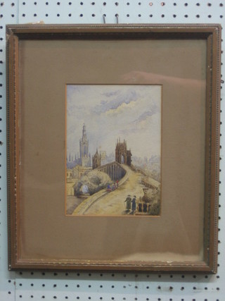 An 18th/19th Century Continental watercolour drawing "Study of Bridge with Cathedral in Distance with Figures" 8" x 6"