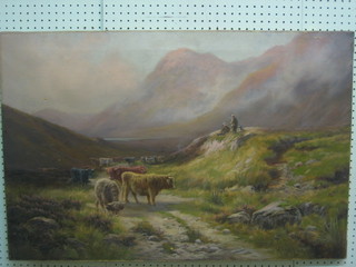 H Hatfield Montpellier, oil on canvas study of Highland Cattle, "Evening In Glenro" 24" x 36"