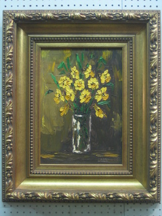 Greenwood oil on board "Vase of Daffodils" 13" x 9", contained in a gilt frame