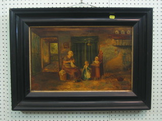 Victorian oil painting on glass/porcelain panel "Interior Kitchen Scene with Children and Mother" 12" x 19", indistinctly signed to bottom left