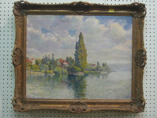 Oil on canvas "Lake Scene with Houses", the reverse marked Zurich Sea, 15" x 19", indistinctly signed