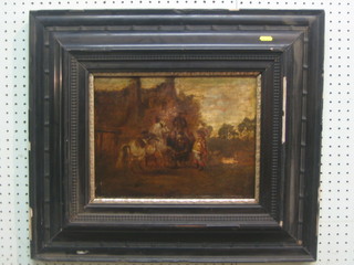 An 18th/19th Century Continental oil on board "Farrier with Horse" 10" x 13",
