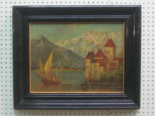 Continental oil painting "Lake with Castle and Mountains in Distance" 11" x 15"