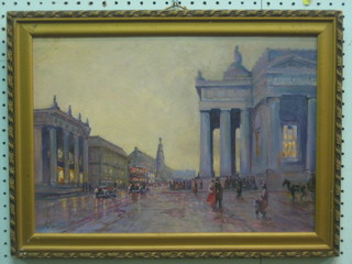 Oil on board "City Street Scene with Figures" monogrammed ATB 11" x 16"