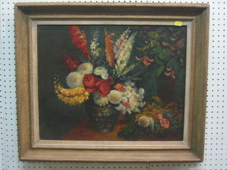 Oil on canvas "Still Life Vase of Flowers" monogrammed FLS? 15" x 19"