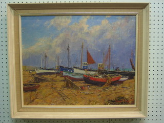 L Knight, impressionist oil on canvas "The Forshore Hastings" 15" x 19"