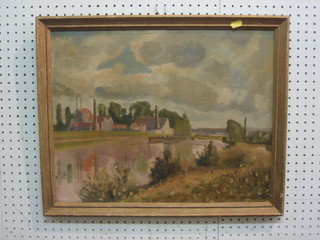 Oil on board "River Scene with Industrial Buildings and Farm Buildings" 15" x 19"