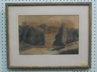 19th Century coloured print "Country House with Lake" 9" x 12"