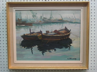 C Goring, impressionist oil on board "Fishing Boats" 12" x 15 1/2"