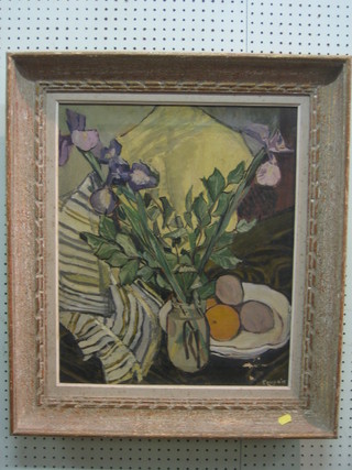 Couprie, impressionist oil on canvas, still life study "Jam Jar with Flowers" 21" x 17"