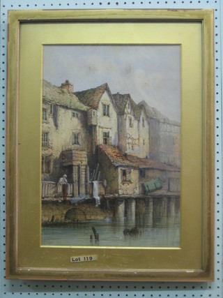 E St John, watercolour "River with Houses" 18" x 12"