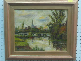 B H Bennett, oil on canvas "River with Bridge and Church in Distance" 8" x 10"