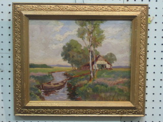 E Barnett, oil on board "River with Fishing Boat, House in Distance" 8" x 10"
