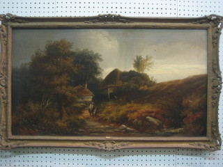 W R Stone, oil on canvas "Country Scene with Lane and Figure Riding a Donkey" 17" x 31"