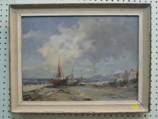 Charles Harwood, impressionist oil on board "Sea Scape with Beached Fishing Boats" 10" x 15"