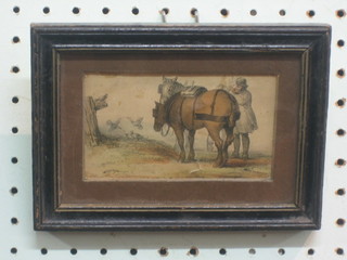 An 18th Century coloured print "Gentleman with Horse" 3" x 5" 