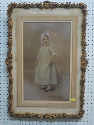H Eauindoufer Mihlthaley?, gouache portrait "Standing Bonnetted Girl" signed and dated 1898 15" x 9"