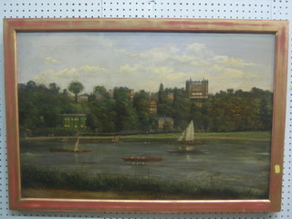 Oil on canvas "River Scene with Houses in Distance and Figures Rowing" 19" x 29 1/2"