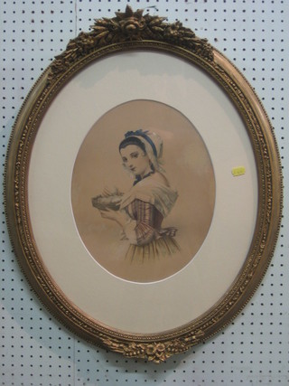 Victorian  coloured print  "Lady Souvenir" slight crease, 14" oval, contained in a gilt frame