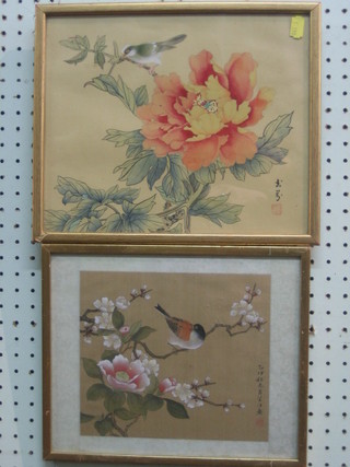 A pair of Oriental coloured prints "Birds" 12" x 11"
