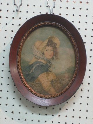 An 18th Century coloured print of "Seated Bonnetted Girl, Wood-Lee" 7" oval