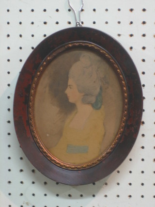 18th Century coloured print "Head and Shoulders Portrait of a Seated Lady" 7" oval
