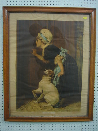 19th Century coloured print "Mother Hubbard" contained in a maple frame