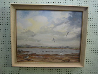 J R Ahearn , oil painting on canvas "Estuary Scene with Seagulls" 15" x 19"  signed