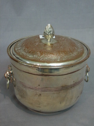 A silver plated cylindrical twin handled ice pail with lion mask handles 9"