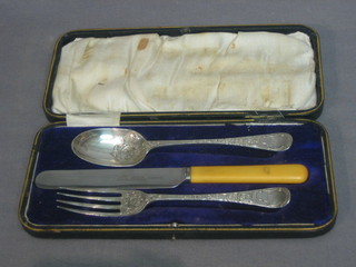 A Victorian 3 piece silver christening set comprising knife, fork and spoon, London 1892, cased